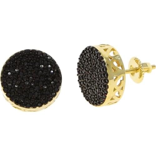 Two tone gold black color micro pave black cz geometric round shaped screw back hip hop earring for women men