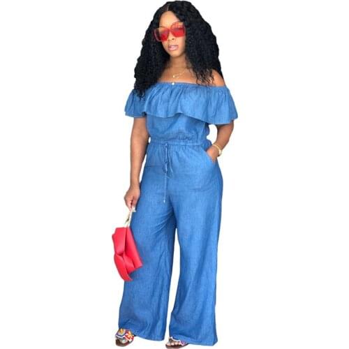 Blue Denim Jumpsuit Women Off The Shoulder Ruffle Bodysuit Short Sleeve Tie Drawstring Waist Wide Leg Pant Jean Jumpsuit Overall
