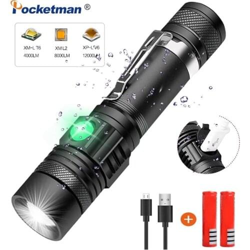 10000Lums LED Flashlight Ultra Bright Portable USB linterna Led torch T6/L2/V6 Light Lamp beads Lanterna Tips Camping Work Light