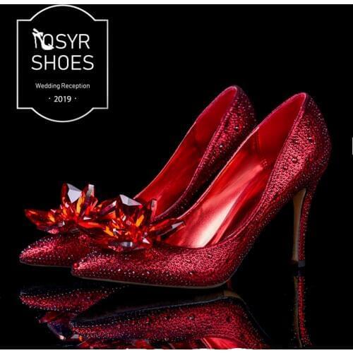YUE JABON Rhinestone High Heels Cinderella Shoes Women Pumps Pointed toe Woman Crystal Party Wedding Shoes Luxury Shoes Woman