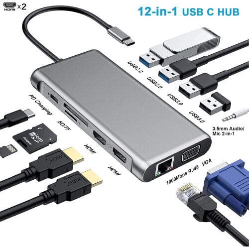 12 in 1 USB Type C Hub Type-C To 2 HDMI 4K VGA Adapter RJ45 Lan Ethernet SD TF PD USB-C 3.0 3.5mm Audio/Mic for MacBook Pro OTG