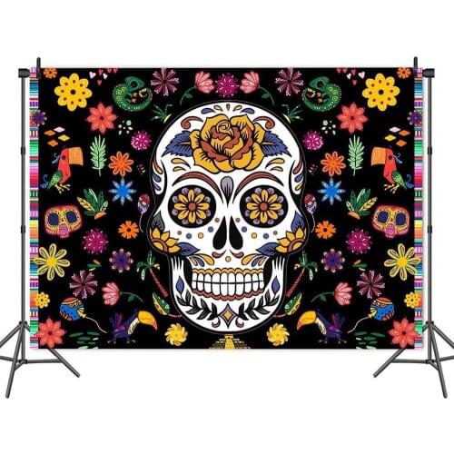 Flowers Personality Skull Black Backdrop Halloween Party Room Table Decoration Child Photography Photo Background Vinyl Banner
