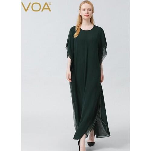 VOA Silk Double Layer Georgette Round Neck Flying Sleeves O-Neck Yellow Thread on Silk Craft Slit Hem Supple Lady Dress AE1022