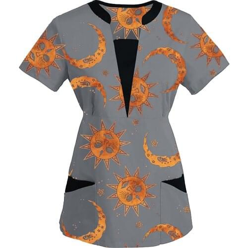 Womens Blouse Short Sleeve V-neck Work Uniform Print Patchwork Pocket Blouse Tops Fashion Overalls Enfermera Mujer Unifo