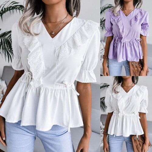 Womens Blouses Summer White Chiffon Shirts Drawstring Lace Up V-Neck Blouse Butterfly Short Sleeve Blouse Blusas Femme Y2k Tops