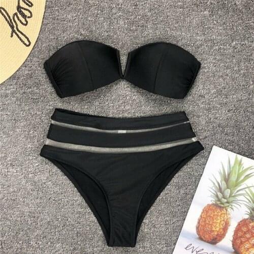High waist maillot de bain Sexy Fancy women mesh patchwork Push-up bandeau padded bra swimwear Bikinis beach Sports Clothes 2019