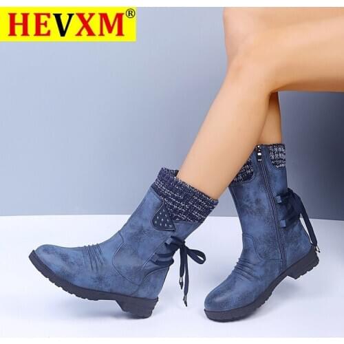 Winter Snow Boots Women Zipper Fashion PU Leather Mid-Calf Boots With Back Lace-up Design Boots Solid Low Heel Shoes Botas Mujer