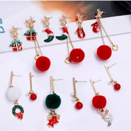 LOVE Christmas Long Chain tassel Asymmetry Earrings Garland snowman glove moon Gift box Red green Hairball Drop Earring jewelry