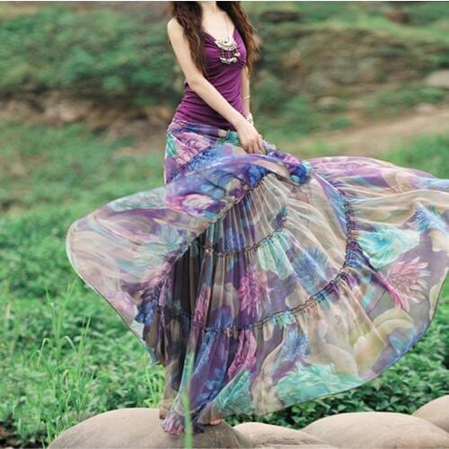 Free Shipping 2020 Boshow Fashion Long Chiffon Skirt Floral Printed Maxi Boho Skirts For Women Plus Size Bohemian Skirts XS-XL