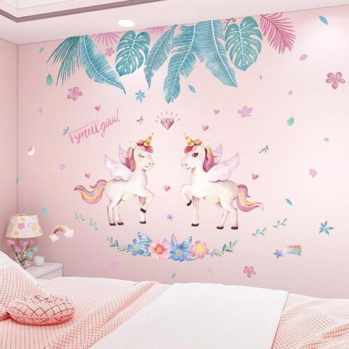 Large Wall Sticker INS Leaves Flamingo Unicorn Wall Decal For Bedroom Living Room Kids Room Nursery Wall Decor DIY Home Decor