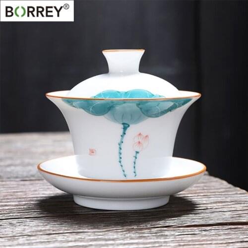 BORREY Chinese Lotus Gaiwan Tea Set Kung Fu Tea Ceramic White porcelain Oolong Tea Pu'er Gai wan Ceremony Tea Cup 170ML Teaware