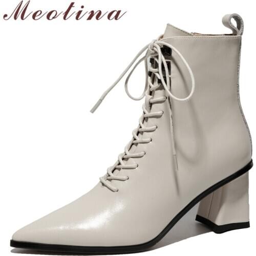 Meotina Ankle Boots Women Shoes Genuine Leather High Heel Short Boots Pointed Toe Thick Heels Zipper Lace Up Fashion Boots Beige