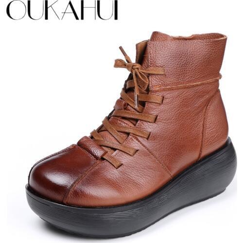 OUKAHUI Winter Warm Genuine Leather Lace Up Vintage Short Boots Women Flat Platform 5.5CM Spring Round Toe Ankle Boots Platform