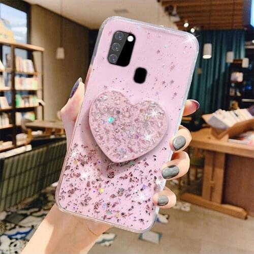 Soft Phone Case For Samsung A21S Cases Bling Glitter Cover For Samsung A21S A21 S A 21S Heart Holder Silicone Cover Bumper Funda