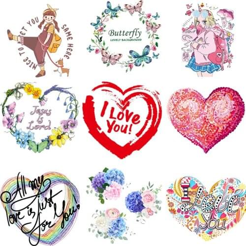 DIY Colorful Heart Transfers For Clothing Print on Clothes Letter Girl Stickers Heat Transfers Vinyl Clothing Sticker on Clothes