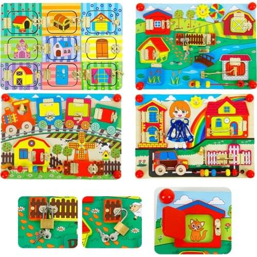 Baby Unlocking Busy Board Toy Montessori Educational Wooden Toys Toddlers Learning Latches Board Thinking Training 2-4 Yeras Old