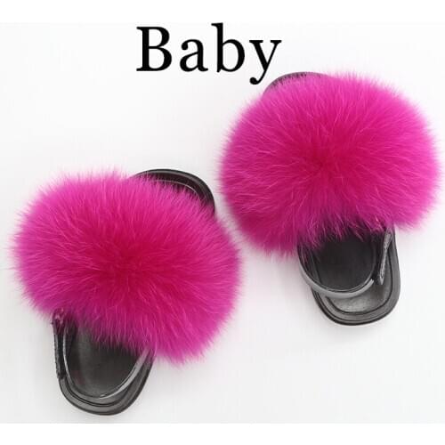 Kid Real Fox Fur Sandals Baby Girls Plush slides Home Toddler Anti-slip Fashion Slipper Outdoor Fluffy Fur Sandal Shoes Summer