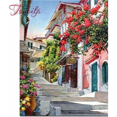 Bricolage paysage broderie diamant, bricolage peinture diamant point de croix ville perceuse ronde Kits de travaux à la main déc