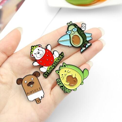 Avocado Enamel Pins Strawberry avocado Dog Dear Cartoon Brooches Plant Animal Badge Lapel Pin Jewelry Gift for Women Wholesale