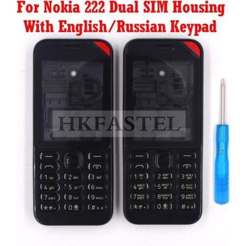 HKFASTEL High Quality Housing keyboard For Nokia 222 Dual SIM card New Full all Complete Mobile Phone Cover Case with Keypad