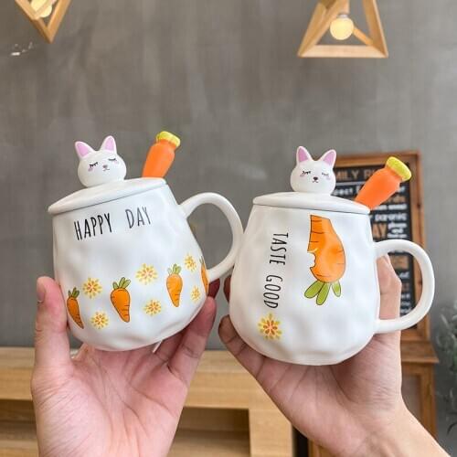 400ML Korean Cute Cartoon Carrot Rabbit Ceramic Cup Creative Spoon Coffee Cup with Lid Couple Mug Student Milk Breakfast Cup