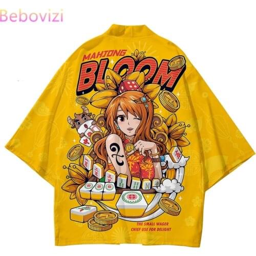 Yellow Cartoon Japanese Style Sets Fashion Kimono Plus Size Beach Harajuku Men Women Cardigan Haori Obi Asian Clothes Pant Suit