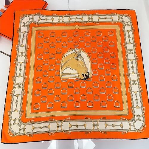 90cm Hand Rolled Horse Head Print Twill Silk Square Scarf Women Shawl Brand Hijab Scarf Foulard Head Scarves Design Bandana