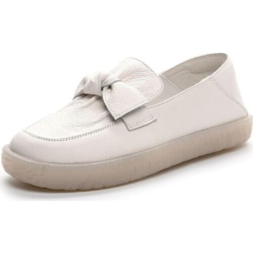 New High Quality Genuine Cow Leather Slip on Loafers for Women Flat Shoes Shallow Bow-knot Soft Sole Pregnant Woman Casual Shoes