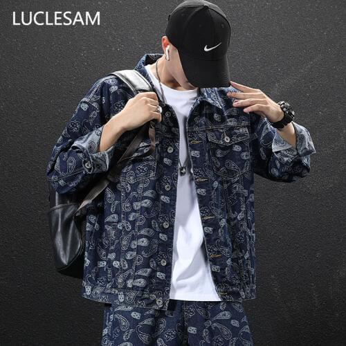 Paisley Print Mens Denim Jackets Streetwear Hip Hop Male Jeans Jacket 2020 New Fashion Casual Loose Cowboy Coat Hommes Veste 5XL