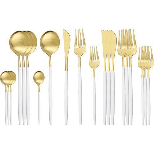 20Pcs White Gold Tableware Set Matte Knife Spoon Fork Cutlery Set Stainless Steel Dinnerware Set Kitchen Silverware Flatware Set