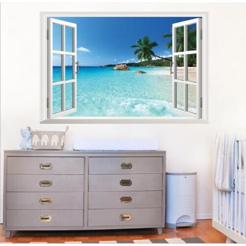 Wall decoration sticker Removable Wall Stickers for Bedroom living room sea view false window landscape mural Decor DIY Stickers