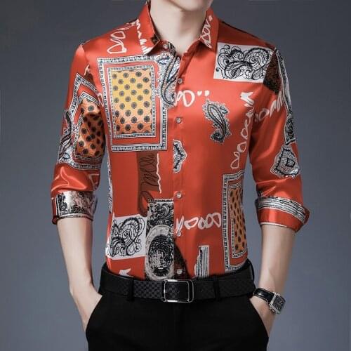 New 2021 Male Mens Floral Printed Vintage Patterns Man Satin Dress Long Sleeve Silk Clothes Military Style Shirt Black Camisa