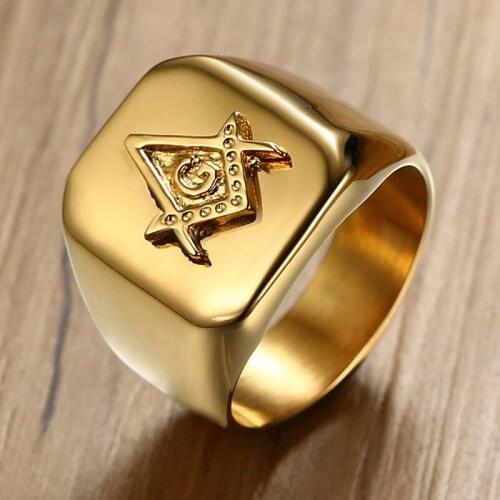 New Arrival Masonic Ring for Men Polished Stainless Steel Ring Gold Color Fashionable Square Ring Party Cool Jewelry