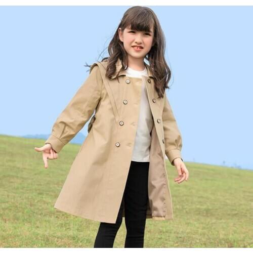Girls Autumn Winter Coats Double Breasted Solid Color Outwear With Belt England Style Clothes Kids Outdoor Mid Length Coats