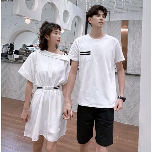Korean Couple Matching Clothes College School Pair Lovers White Off Shoulder Dress Women Men New Summer Vacation Outfit Wear Set
