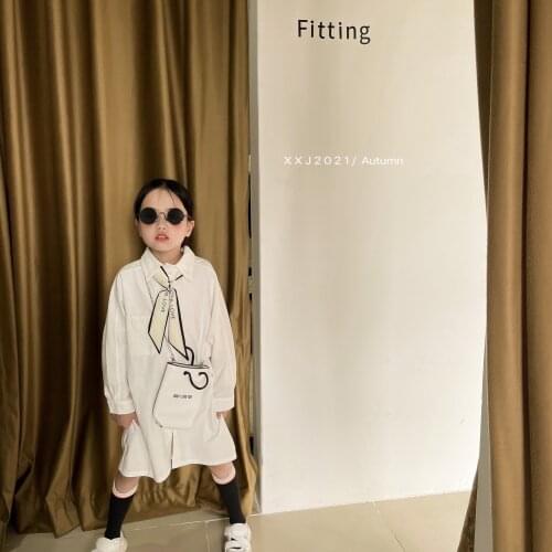 Girls' dress Lapel 2021 autumn childrens Korean solid color loose dress lolita blouse girl baby girl crop top 3/4 sleeve