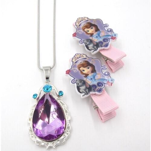 Baby Girls Gift Princess Sofi The First Purple Teardrop Amulet Pendant Chain Necklaces Sofia Hairpin Clip Jewelry For Child 1Set
