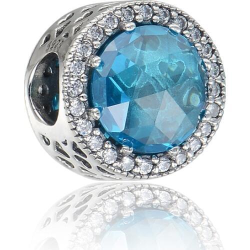Fits Brand bracelets 925 Sterling Silver sky blue crystal and clear cubic zirconia Charm For Women Jewelry LW619C