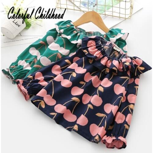 2-6 Yrs Girls shirt autumn winter cotton ruffled neck Cherry print for children daily wear shirt