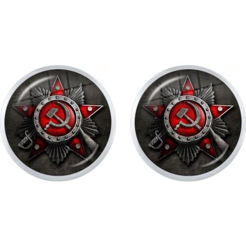 CCCP USSR Soviet Army Red Star Stud Earrings 12mm Glass Cabochon Art Round Russian Badges LOGO Jewelry For Women Girls Gift