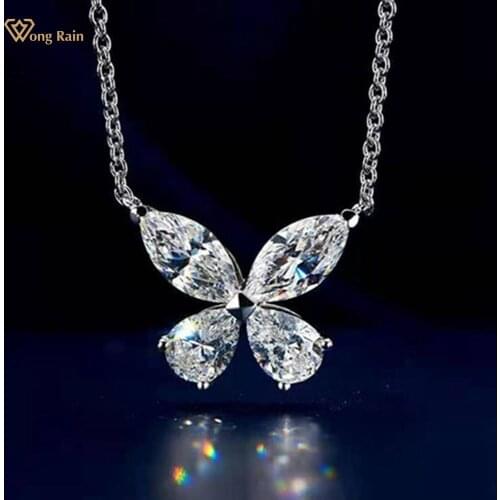 Wong Rain 100% 925 Sterling Silver Butterfly Moissanite Diamonds Gemstone Wedding Engagement Pendant Necklace Fine Jewelry Gifts