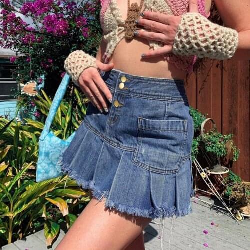 Women Jeans Skirt High Waist Breathable Cotton Blend Single-breasted Pleated Blue Skirt Summer Female Casual Streetwear 2021