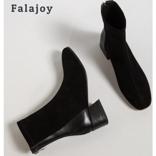 Falajoy Suede Leather Patchwork Ankle Boots Brand Luxury High Quality Low Chunky Heel Booties Women Autumn Shoes Plus Size 43