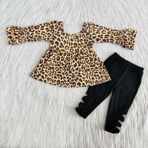 Toddler Girl Winter Clothes Kids Fashion Leopard Print Top And Black Pants Set Baby Girls Ruffle Clothing Suit