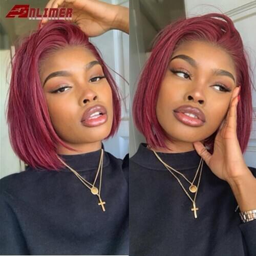 13x4 Straight Burgundy Bob Lace Front Wigs 99J Short Bob Lace Front Human Hair Wigs Wine Red Brazilian Pre plucked 150% Density