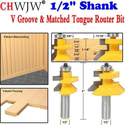 2pc 1/2" Shank V Groove & Matched Tongue Router Bit Set w/ premium ball bearings Woodworking cutter