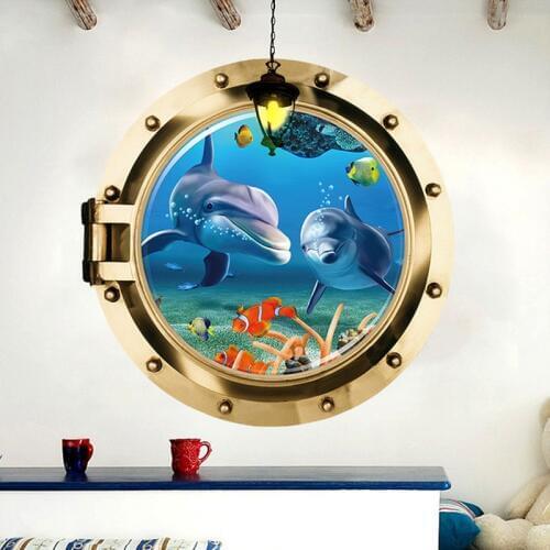 3D Submarine Fake window seabed animal wall stickers kids rooms living room bedroom home decoration decals mural poster sticker