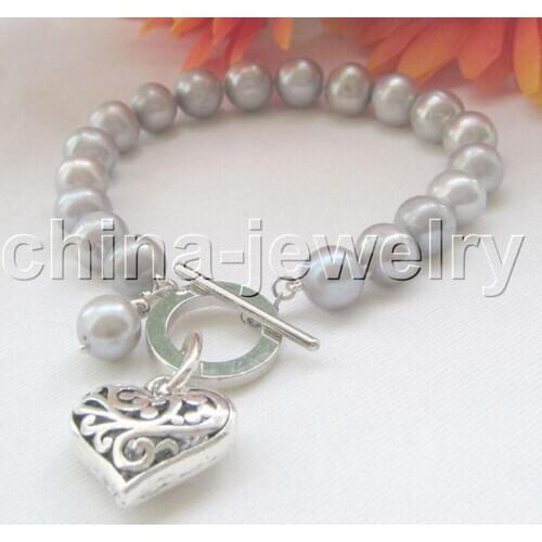 Free Shipping 8" 9-10mm gray round freshwater pearl bracelet-GP clasp^^^@^Noble style Natural Fine jewe SHIPPING