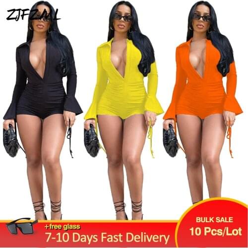 Bulk Items Wholesale Lots Womens Short Jumpsuit Deep V Neck Full Flare Sleeve Romper Chic Fashion Shirring Drawstring Overall