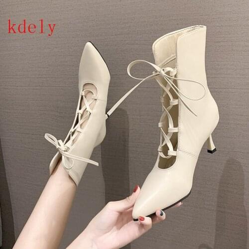 Summer Women Sandals Pointed Toe lace up Gladiator hollow Woman Shoes Ankle Strap Pumps High Heels Party Rome Boots Plus Size